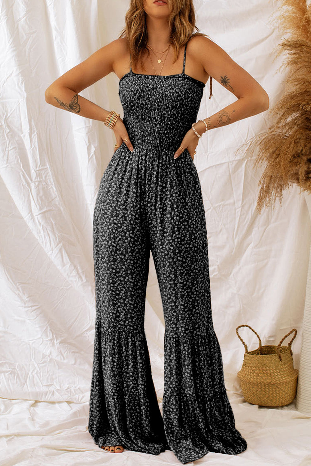 Wholesale Black Floral Thin Straps Smocked Bodice Wide Leg Jumpsuit