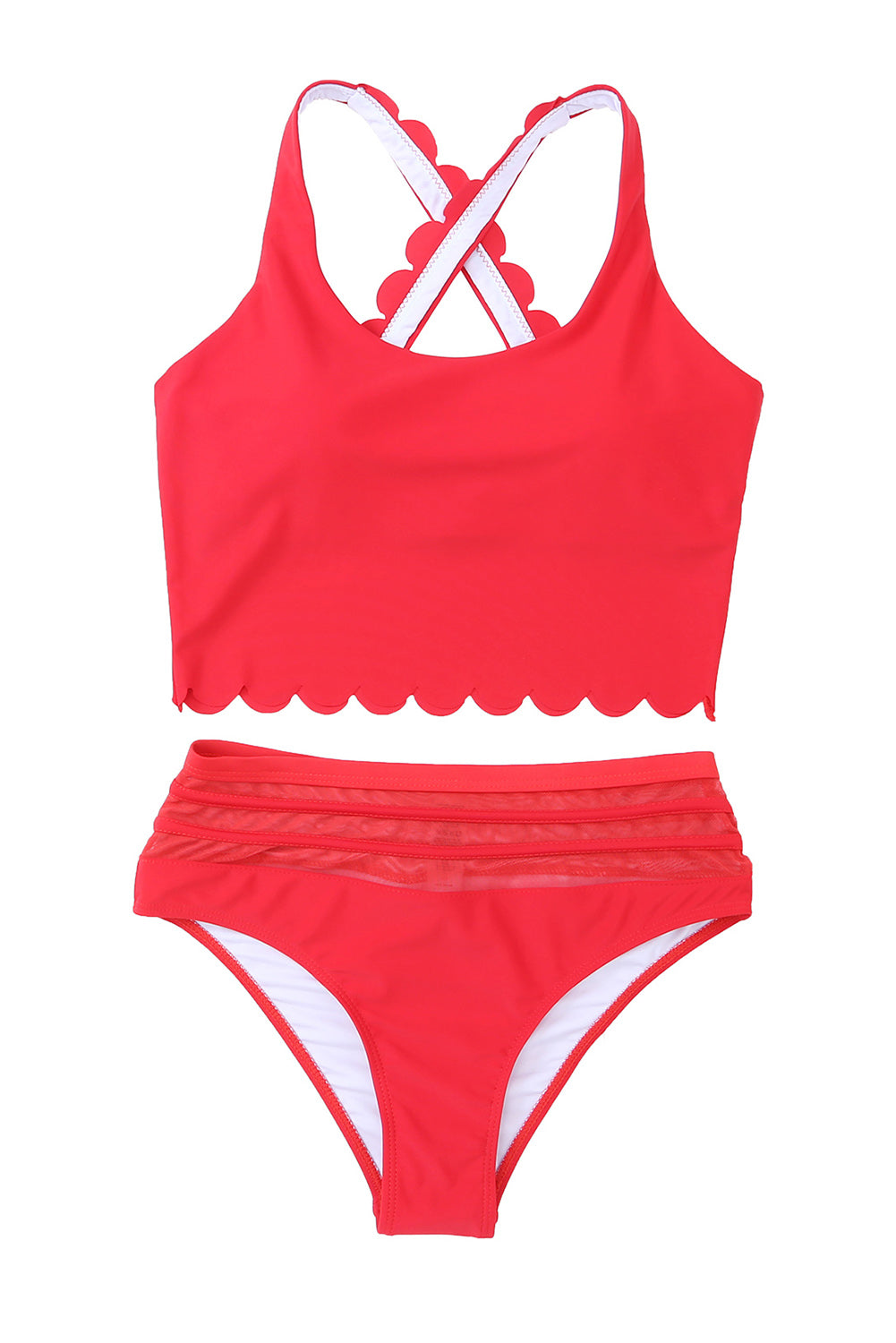 Red Scalloped Trim Criss Cross Contrast Mesh Two Piece Swimsuit