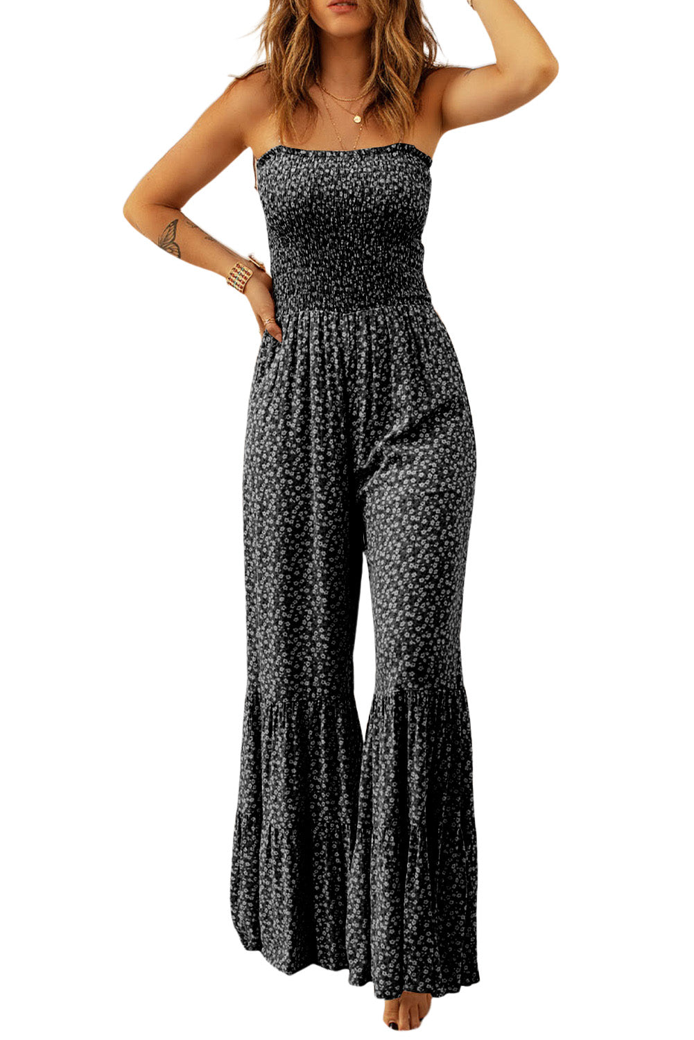 Wholesale Black Floral Thin Straps Smocked Bodice Wide Leg Jumpsuit