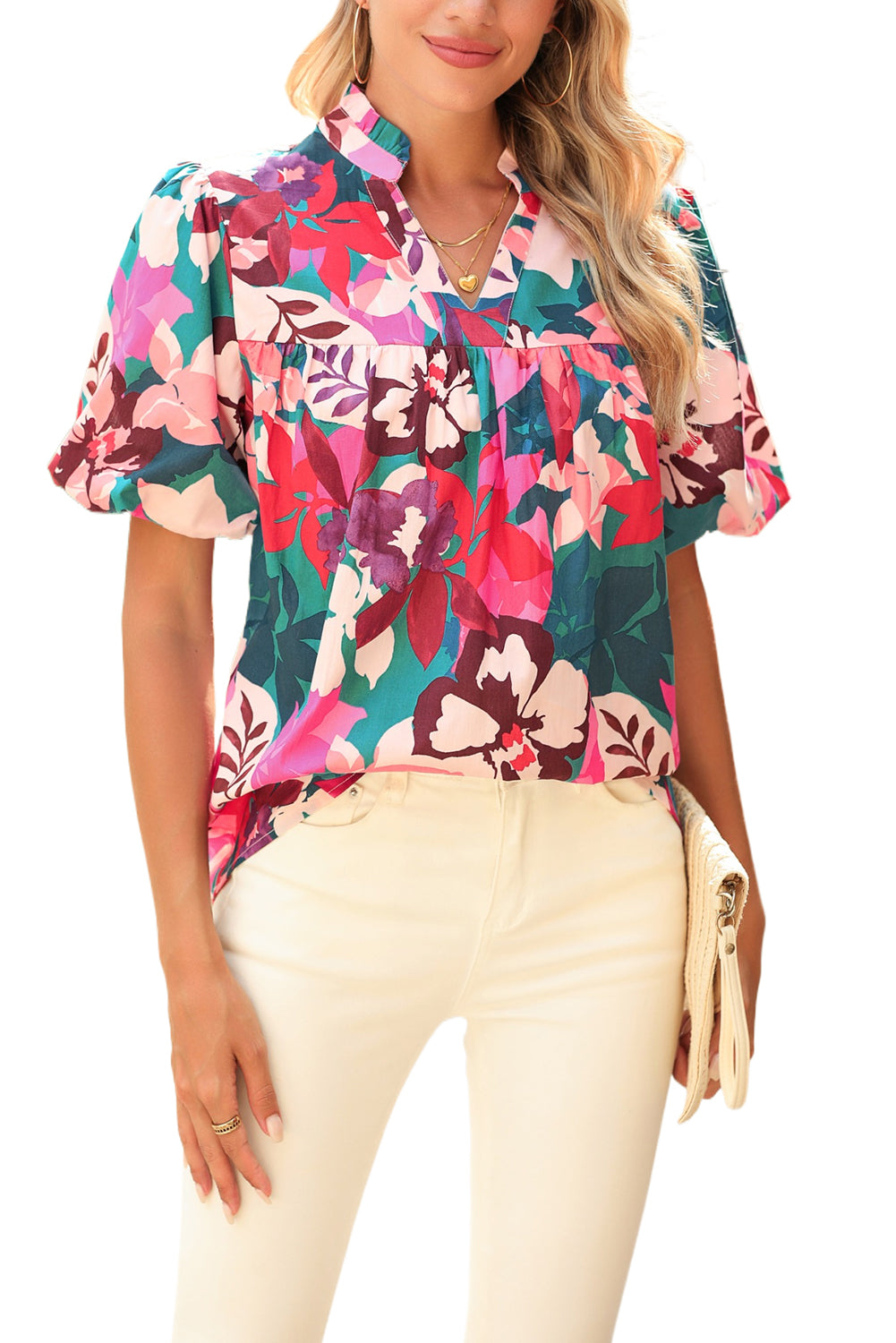 Rose Red Floral Print V Neck Lantern Sleeve Blouse