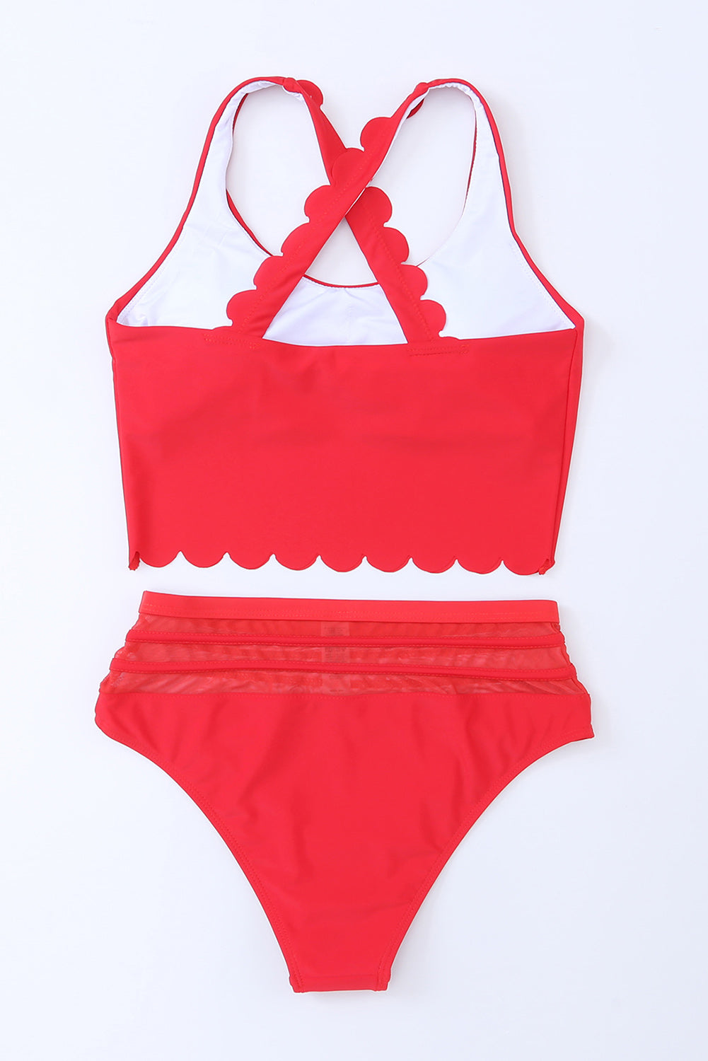 Red Scalloped Trim Criss Cross Contrast Mesh Two Piece Swimsuit