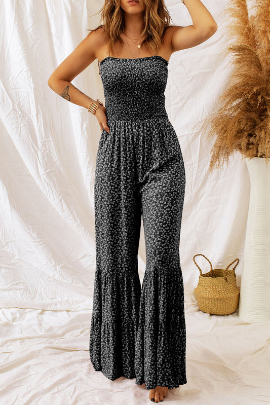 Wholesale Black Floral Thin Straps Smocked Bodice Wide Leg Jumpsuit